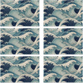 Table Placemats Set of 6, Waterproof Linen Fabric, Non-Slip Backing & Easy Clean, Elegant Dining Table Protectors for Family and Guests(Japanese Waves)