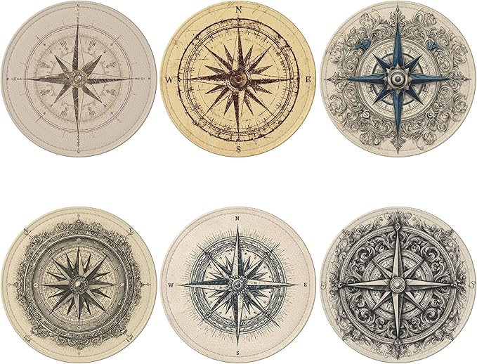 Compass Coasters Leather Round Drink Coasters 6 Pcs Set with Holderor for Cup Drink Coffee Table Bar Home Decor