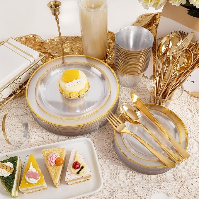 GATHER 350PCS Clear Gold Plastic Plates - Disposable Gold Dinnerware Sets Includes 100 Gold Rim Plastic Plates, 150 Silverware, 50 Napkins, 50 Cups for Party, Wedding