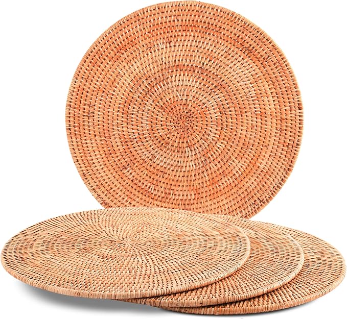 Vagabond House Handmade Rattan Chargers - Set of 4 Large, Durable, Natural Woven Wicker Rattan Placemats for Dinner Plates with Pewter Anchor - Perfect for Beach Home, Ocean and Coastal Themes