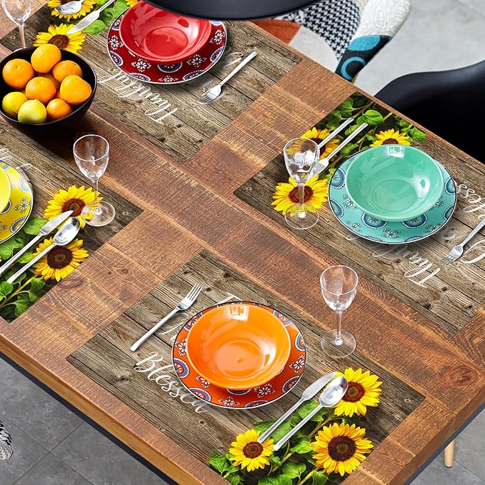 Spring Summer Sunflower Placemats Set of 4 for Dining Table Religious Thankful Grateful Blessed Place Mats Easter Table Mats Washable Cloth Placemats Kitchen Decor 12x18 inch
