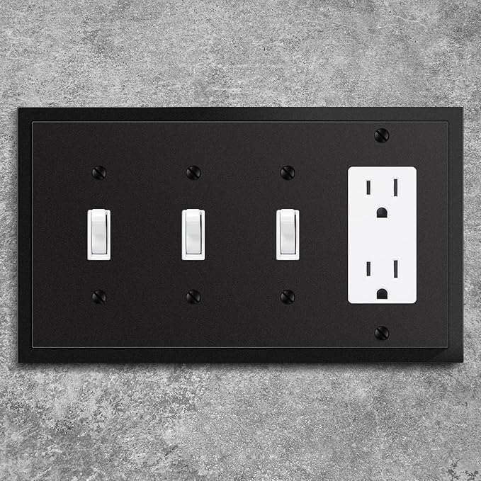 Henne Bery Modern Edge Decorative Wall Plate Switch Plate Outlet Cover, Durable Solid Zinc Alloy (Triple Toggle/Single Decorator, Matte Black)
