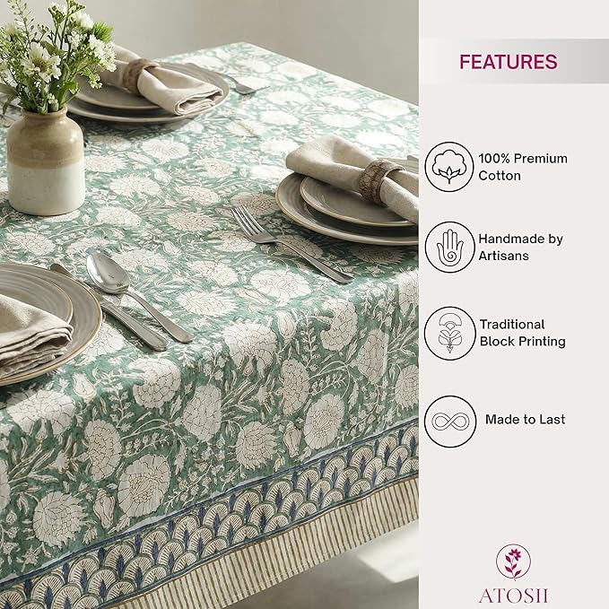 ATOSII Jade 100% Cotton Rectangle Boho Fall Tablecloth, Handblock Floral Table Cloth Linen for Kitchen Dining I Parties Wedding Outdoors Thanksgiving Easter Picnics I 72 X 120 Inches I 10 Seater