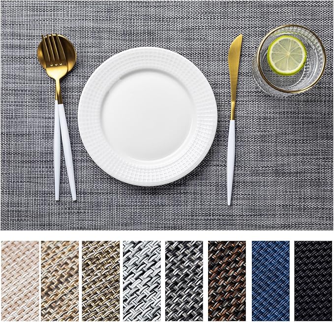 LEXMORE PlaceMats Set of 12 Vinyl/Plastic Woven Place Mats for Kitchen Table Indoor/Outdoor Washable PlaceMat Wipeable Dining Table Mats(Dark Gray)