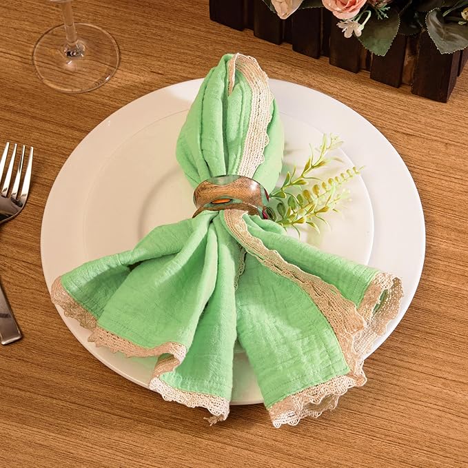 FINGERCRAFT Dinner Cloth Napkin Cotton Muslin Double Gauze 12 Pack with Classic Lace for Everyday Use, Wedding, Party, Christmas, Easter Napkins Cloth are Pre Shrunk and Good Absorbency Lettuce Green