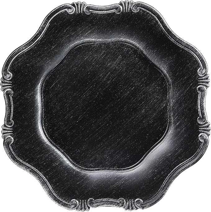 Black Charger Plates Set of 6, Decorative Table Plastic Chargers for Dinner Plates, Party, Wedding, Thanksgiving, Christmas, 22B