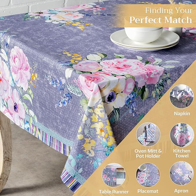 Maison d' Hermine Table Cloth Rectangle Table 100% Cotton 60 x 90 Inches Tablecloth Reusable Decorative for Dining Room Farmhouse Valentines Day Decorations Spring Summer - Sweet Rose Lavender - Lush