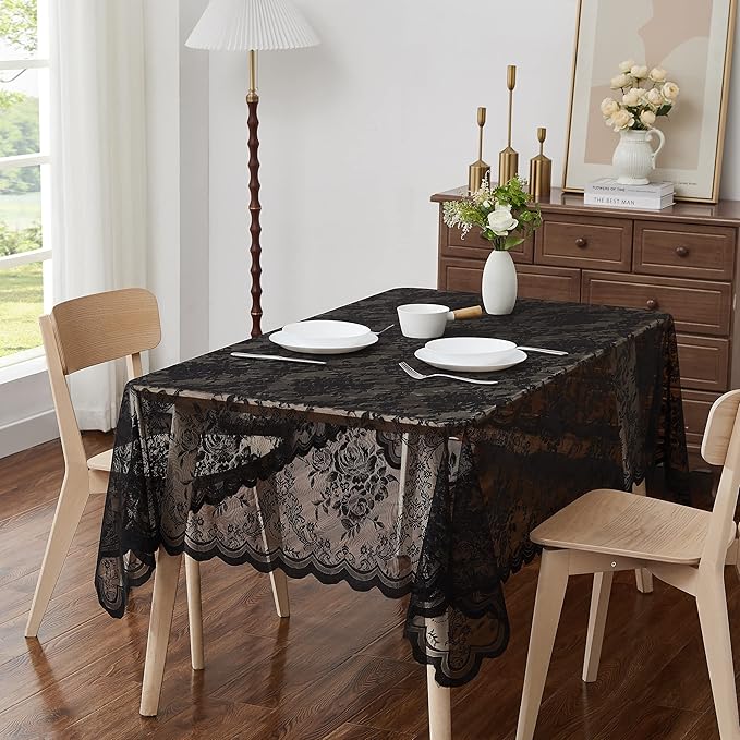 Warm Home Designs 60 x 84 Lace Tablecloth. Black Rectangle Tablecloth with English Rose Design. Rectangular Tablecloth, Rustic Tablecloth or Dining Table Cover for 6-8 Guests. LTC Black 84"