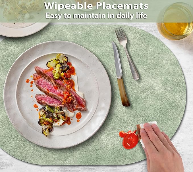 ADRIMER Placemats, Heat Resistant Oval Placemats Set of 4 Washable 12 x 17 Inch, Waterproof Table Mats, Wipeable Pu Place Mats for Kitchen, Dining Room, Green