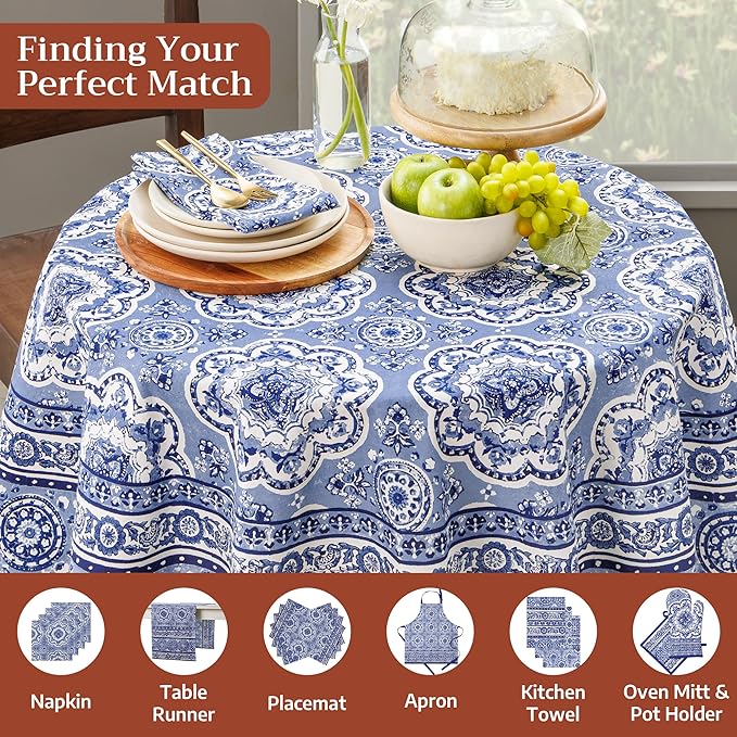 Maison d' Hermine Table Cloth Round Table 100% Cotton 69 Round Inches Tablecloth Reusable Decorative for Dining Room Farmhouse Home Valentines Day Decorations Spring Summer - Melodie Bleue