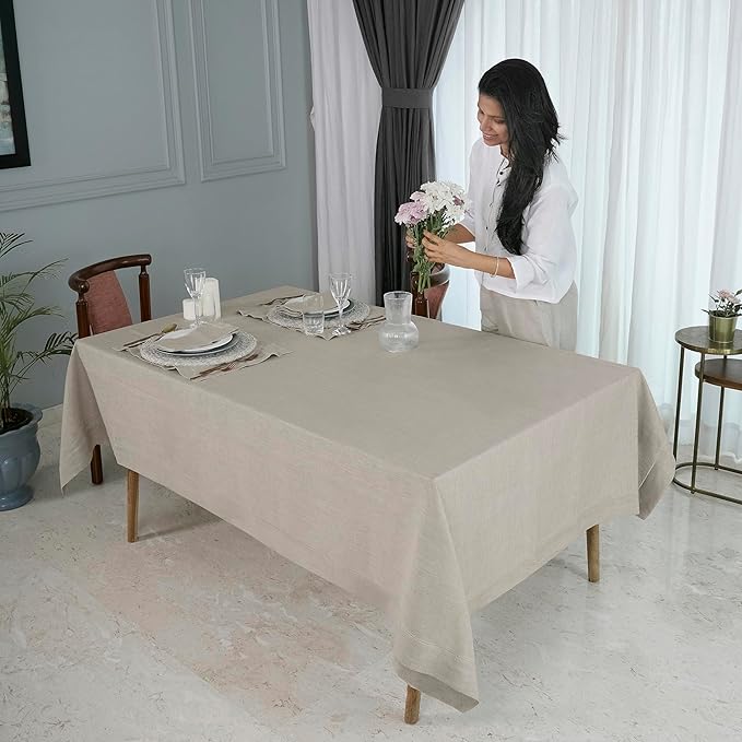 D'Moksha Homes Natural Linen Tablecloth for Rectangle Tables 60 x 102 Inch - Classic Hemstitch 100% Pure Linen Natural Table Cloth - Machine Washable Dining Tablecloth for Valentines, Spring, Easter