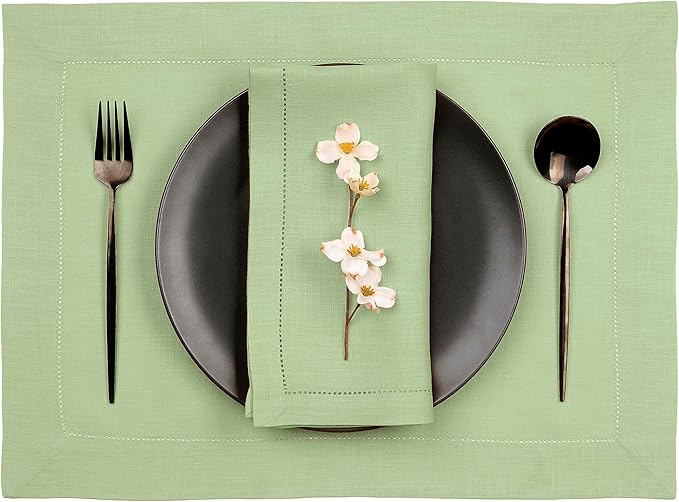 D'Moksha Homes Sage Green Linen Cloth Placemats Set of 4-100% Pure Linen Hemstitch Placemats 14 x 19 Inch - Classic Hemstitch Table Place Mats for St Patricks Day, Easter - Machine Washable