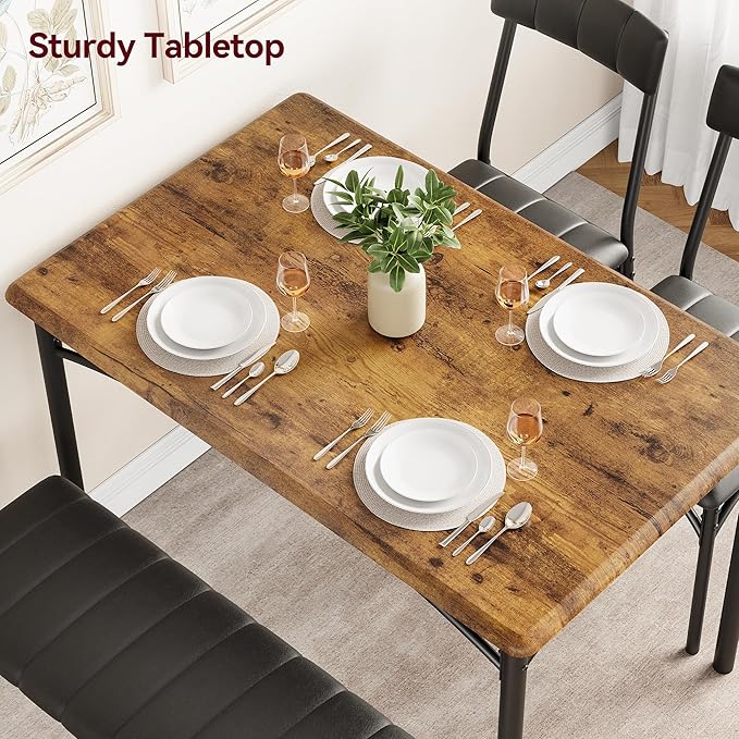 4-Piece Small Dining Table Set – Wood Table with 2 Upholstered Chairs & Bench, Space-Saving Retro Kitchen Dining Set for Small Apartment/Dining Room, Brown