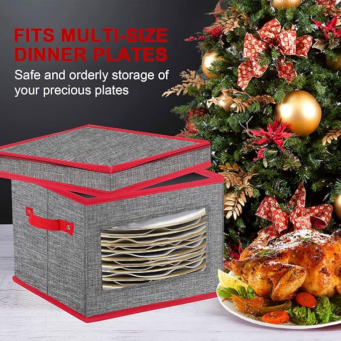 VERONLY Christmas China Storage Containers-Dish Plate Storage Containers Hard Shell and Stackable,Dinnerware Storage with 24 Felt Dividers, Hold 24 Plates,2 PACK (12" W x 8" H)