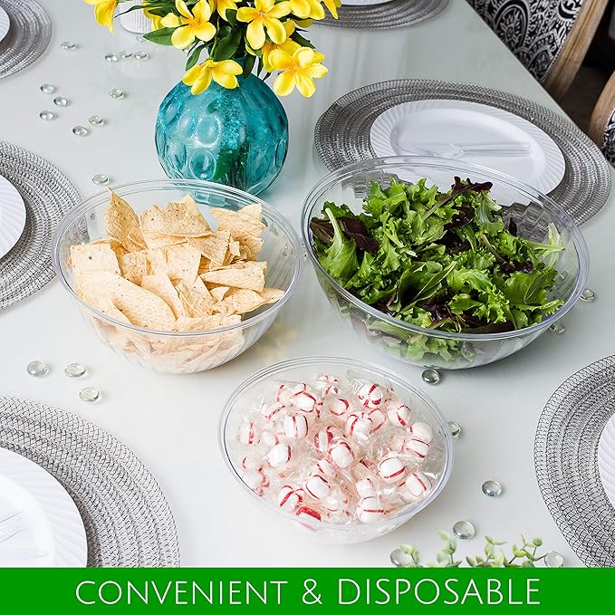 PLASTICPRO Disposable 150 Ounce Round Crystal Clear Plastic Snack & Salad Bowls - Chip Bowl, Candy Dish alternatives, Pack of 4