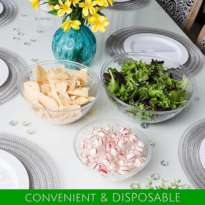 PLASTICPRO Disposable Round Crystal Clear Serving Bowls, Party Snack or Salad Bowl, Plastic Chip Dish, Candy Dish (4, 48 OUNCE)