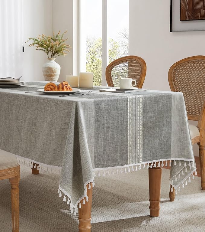 ZeeMart Contrast Linen Table Cloth Rectangle Table Cloths 60x120 Inch Mid-Stripe Grey, Farmhouse Style Heavy Weight Grey Tablecloth, Water Resistant Burlap Tablecloths