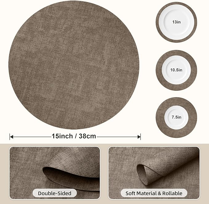 15 inch Faux Leather Round Placemats Set of 6 Non-Slip Washable Wipeable Table Mats, Heat Resistant Waterproof Oilproof Dark Coffee Place Mats for Kitchen, Dining, Party, Indoor, Outdoor