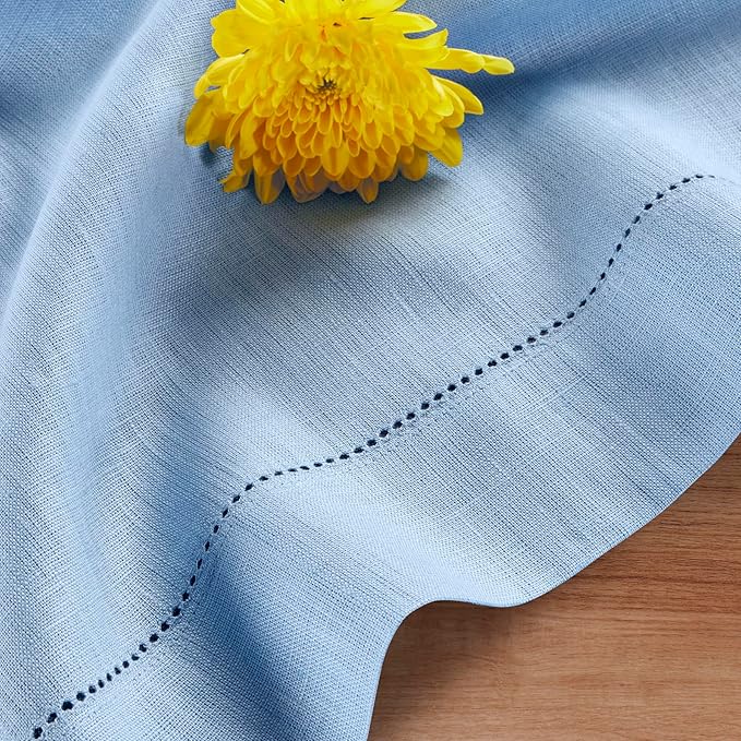 Solino Home Linen Cloth Placemats Set of 4-100% Pure Linen Hemstitch Cornflower Blue Placemats 14 x 19 Inch - Classic Hemstitch Table Place Mats for Spring, Easter