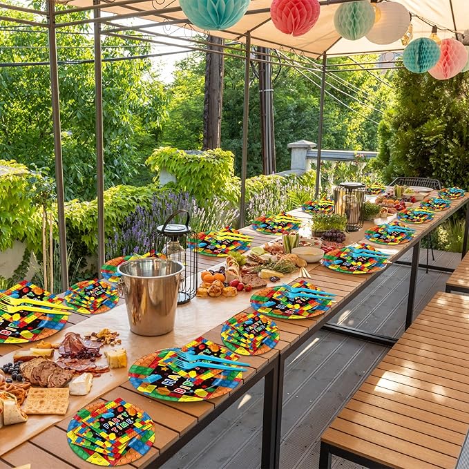 200 Pcs Building Blocks Birthday Party Supplies Paper Plates Napkins Colorful Blocks Party Birthday Decorations Favors for Kids Bricks Serves 50