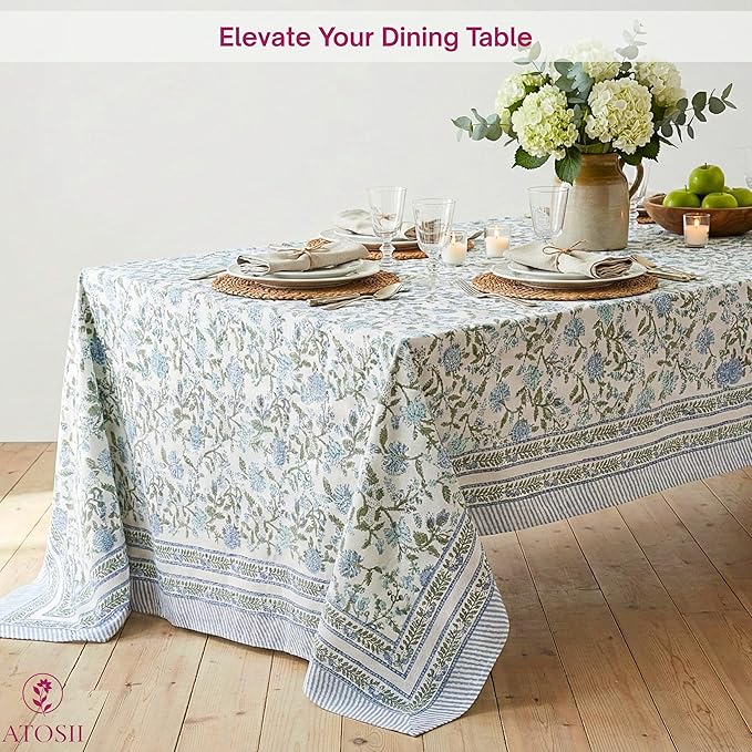 ATOSII Mahoka Blue 100% Cotton Fall Tablecloth, Handblock Floral Linen Table Cloth for Kitchen Dining Table I Parties Weddings Outdoors Easter Valentine's Gift I 60 X 108 Inches I 8 Seater