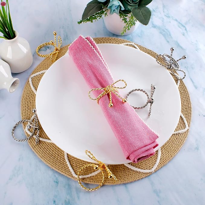 ALPHA Living HOME Napkin Rings Set of 12, Holiday Napkin Holders, Metal Napkin Rings for Safari Theme Table Décor Handmade for Holiday, Weddings, Receptions, Banquets, Events, Bow Shape, Gold