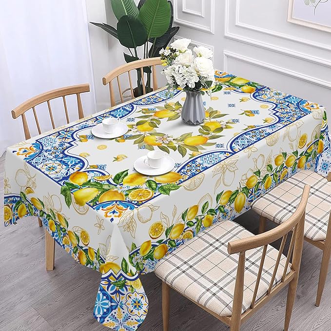 Lemon Tablecloth 60 x 120 Inch Rectangle, Yellow and Blue Mediterranean Summer Decor Tile Flower Pattern Table Cloth Italian Themed Decor for Party Oblong Table Cover for Dining Room