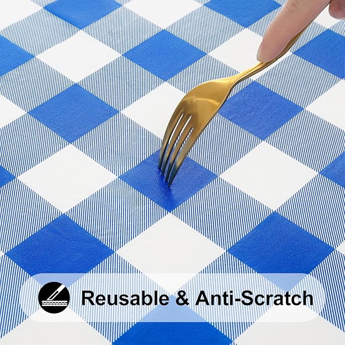 Smiry Rectangle Picnic Table Cloth, Elastic Waterproof Fitted Vinyl Tablecloths, Flannel Backed Buffalo Plaid Table Covers for Dining, Camping, Outdoor (White and Blue, 30" x 96")