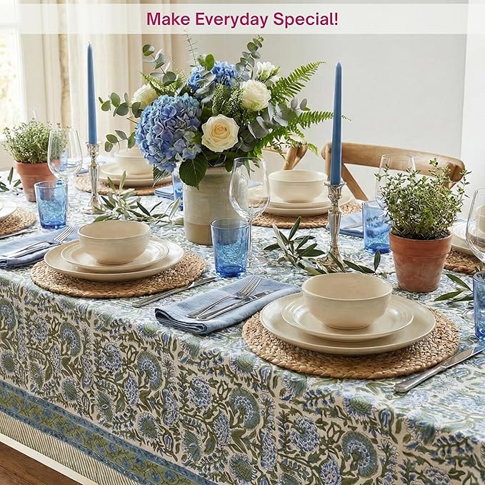 ATOSII Clover Blue 100% Cotton Rectangle Spring Tablecloth, Handblock Floral Linen Table Cloth for Kitchen Dining Table I Parties Weddings Outdoors Easter Home Decor 72 X 120 Inches I 10 Seater