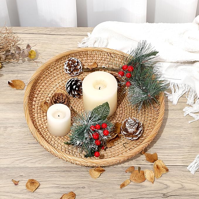 Hipiwe Round Key Basket Bowl for Entryway Table, 11.8" Large Rattan Tray Decorative Ottoman Trays Centerpiece for Coffee Table, Hand-Woven Fruit Basket Wicker Serving Trays