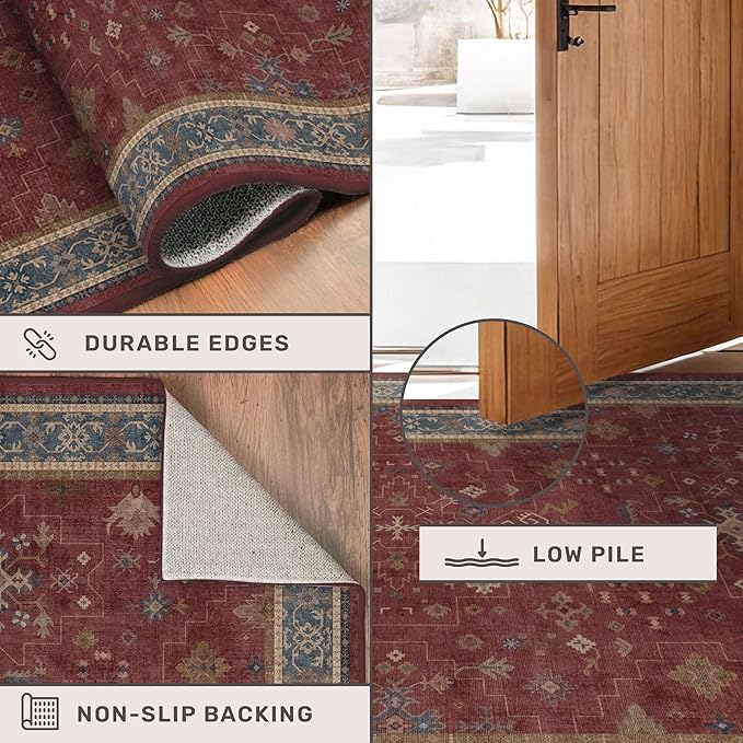 5x8 Boho Dark Red Rug for Living Room - Vintage Oriental Revival Low-Pile Carpet for Bedroom, Dining Table, Machine Washable Area Rug Non-Slip with Rubber Back