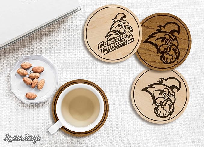 LazerEdge Coastal Carolina Chanticleers Wooden Coaster Set - Cherry Wood - Officially Licensed Product - 4-Pack