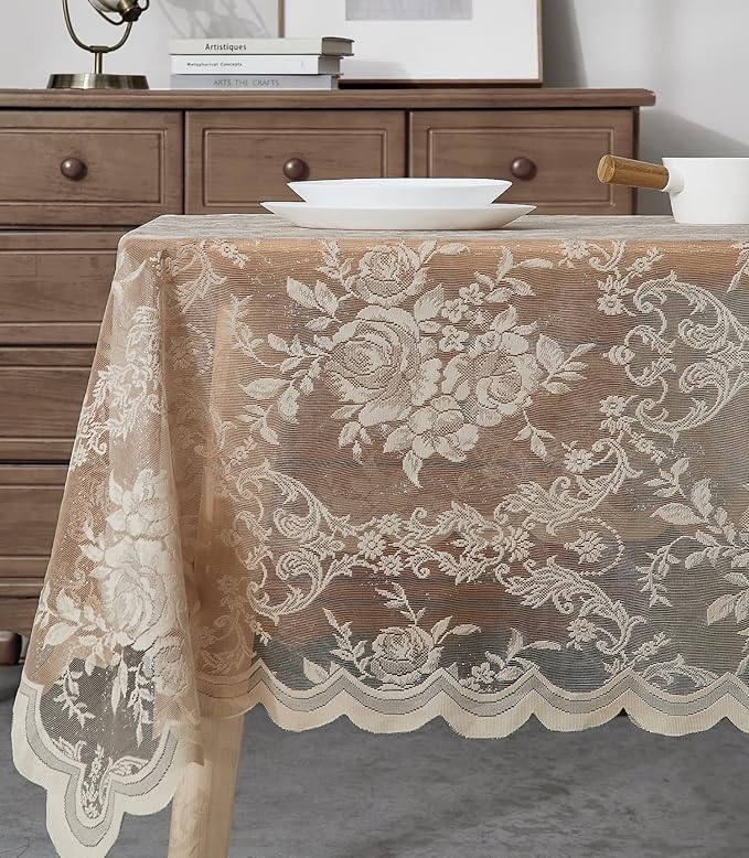 Warm Home Designs 54 x 72 Lace Tablecloth. Gold Linen Rectangle Tablecloth with English Rose Design. Rectangular Dining Table Cover for 6-8 Guests. (LTC Linen 72)