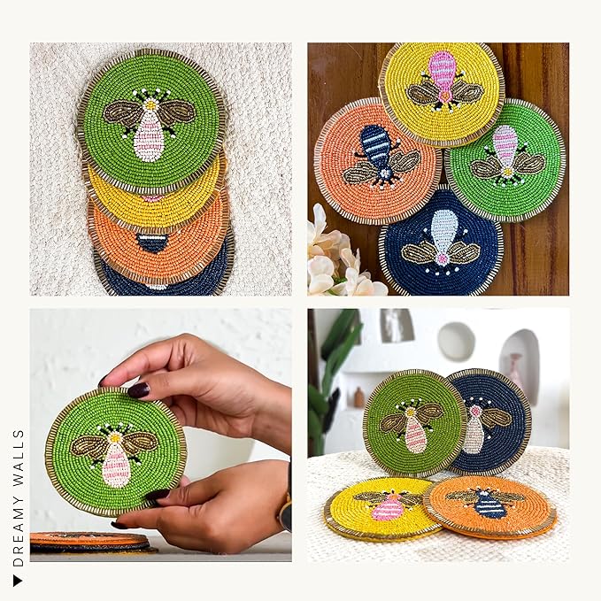 Beaded Coaster Set of 4 – Multicolor Glass-Bead Drink Coasters, Boho Table Decor for Dining & Gifting