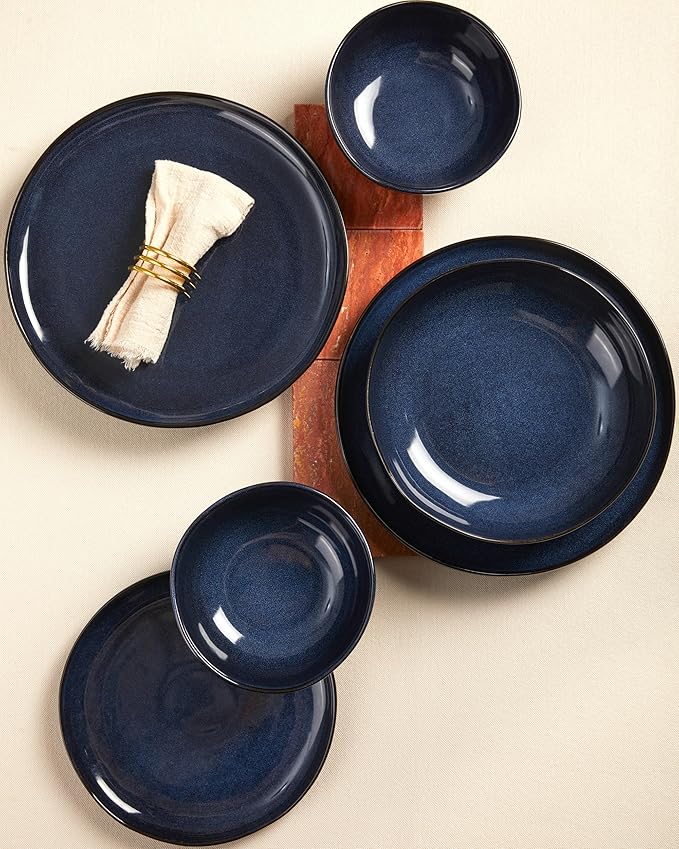 Stoneware Pasta Bowls Set of 4, 8.26" Large Serving Bowls, Chip Resistant Plate Bowls, Salad Serving Bowl for Lunch, Unique Irregular Look, Starry Blue