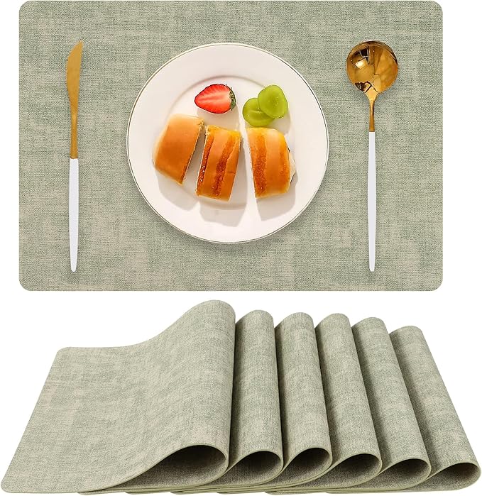 Faux Leather Placemats Set of 6, Heat Resistant Wipeable Washable Vinyl Place Mats, Waterproof Anti-Slip Dining Table Mats, Suitable for Indoor & Outdoor Use (Light Green)