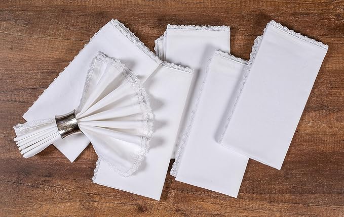 White Cloth Napkins Set of 12 Cotton - 18x18 Inch with Beautiful Lace Soft Elegant Decorative Washable Reusable Dinner Napkin for Dining Table Décor Wedding Party Thanksgiving Birtday and Everyday Use