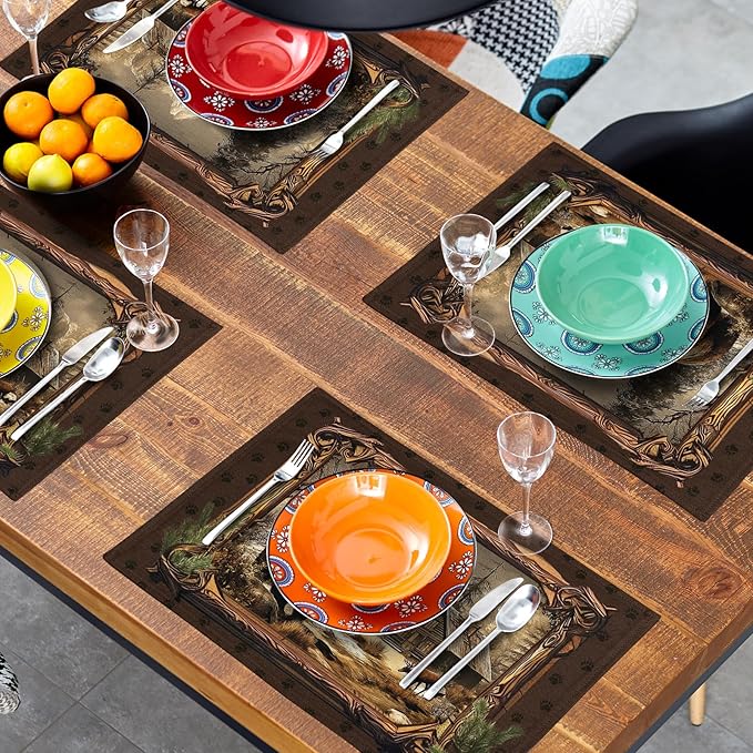 Bear Placemats Set of 4 - Rustic Lodge Place Mats 12x18 Vintage Cabin Table Mats Farmhouse Kitchen Mats for Party Dining Table