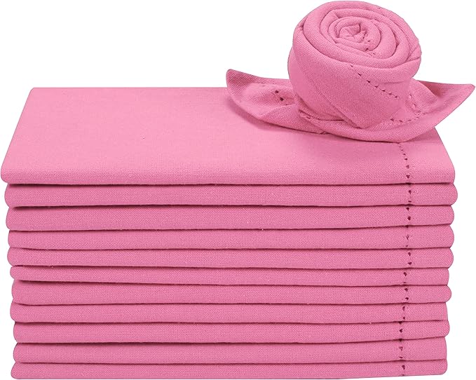 Lightnpro Cotton Dinner Napkins Set of 12, Hemstitched Dinner Cloth Napkins with Metred Corners, Washable and Reusable for Dining, Parties, Weddings, Holiday & Everyday Use - 18x18 Inch Baby Pink