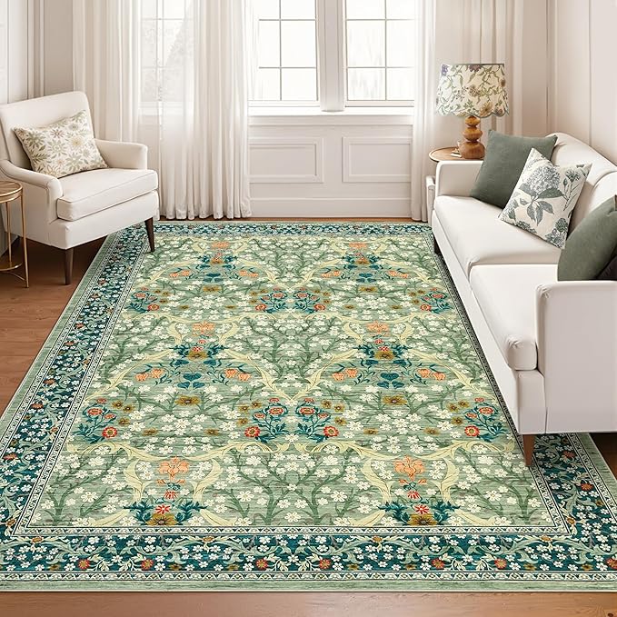 GarveeHome Floral Area Rugs 5x7, Sage Green Washable Rug for Living Room, Bedroom, Low Pile Non Slip Stain Resistance Indoor Boho Carpet Mat for Farmhouse, Dining Room, Office