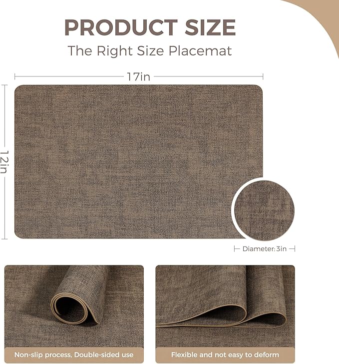 Vinyl Placemats Set of 12, Faux Leather Waterproof and Heat Resistant Place Mats, Washable Anti-Slip Table Mats with Coaster, Wipeable Placemats for Indoor & Outdoor 17" x 12" (Dark Coffee, Set of 12)