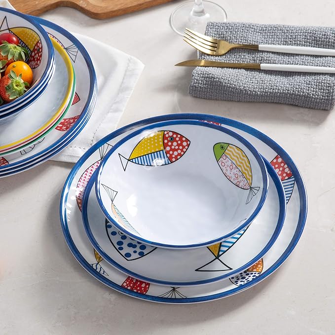 Melamine Dinnerware set for 4, Plates and Bowls Sets, Great for Camper, RV, Indoors Outdoors Use with Ocean Printed, Unbreakable
