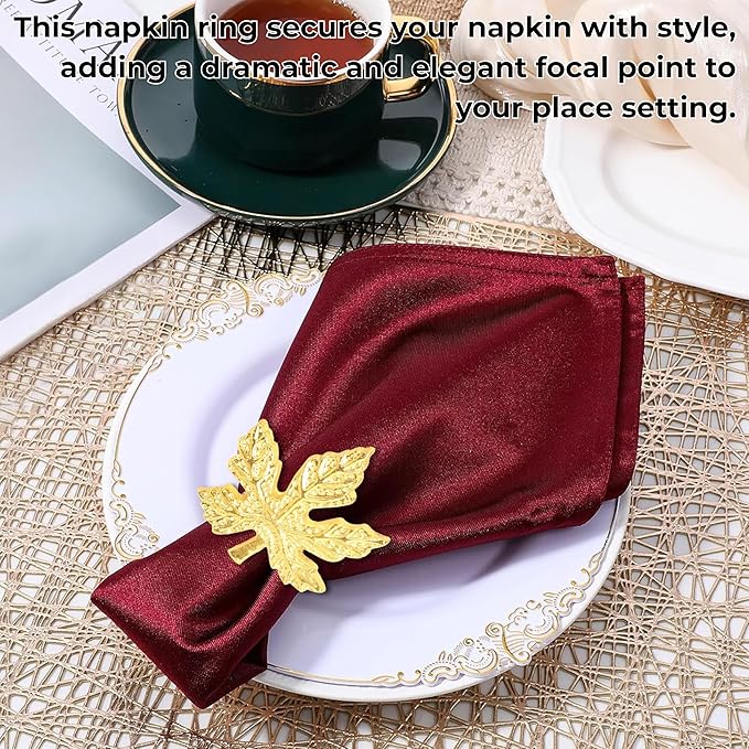 CLEENTABLE Elegant Handcrafted Leaf Napkin Rings - Set of 12 Premium Aluminum Holders for Dinner Parties, Weddings, Special Occasions & Everyday Dining (Gold)