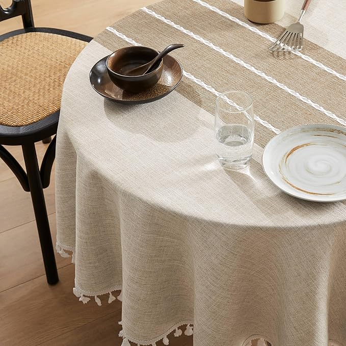 ZeeMart Contrast Linen Round Tablecloth 60 Inch Brown, Farmhouse Style Round Table Cloth Heavy Weight Beige Tablecloths, Water Resistant Burlap Table Cloths