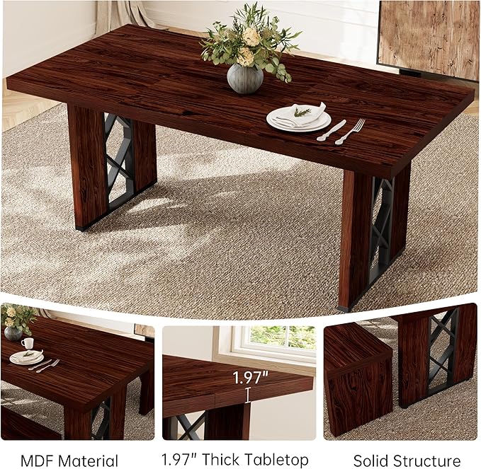 70.8" Farmhouse Dining Table for 6 People, Large Rectangle Kitchen Table with Heavy Duty Legs, Industrial Dining Room Furniture for Dinner, Walnut