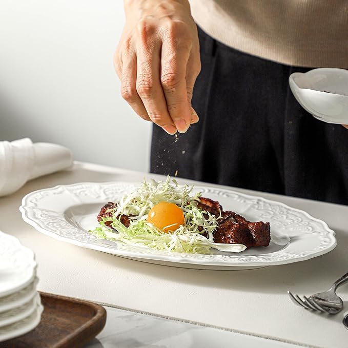 Neaylfe Ceramic Dinner Plates Set of 6, 10 inch Oval Embossed White Plates for Salad, Dessert, Appetizer, Steak, Large Flat Serving Plates for Kitchen, Restaurant, Parties