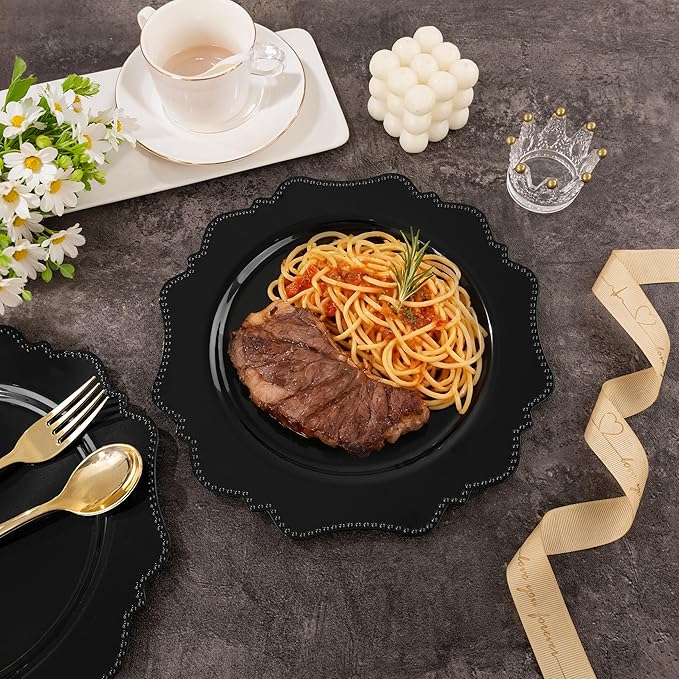 COLOSUS 100pcs Black Plastic Party Dinner Plates - 9.5 Inch- Heavy Duty Disposable Plastic Dinner Plates for Party Wedding and Everyday Use