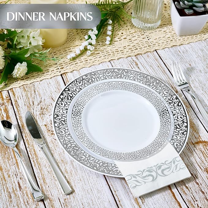 Vplus 200 Pack Paper Napkins Guest Towels Disposable Premium Quality 3-ply Dinner Napkins Disposable Soft, Absorbent, Perfect for Kitchen, Wedding, Parties, Dinners or Events(Silver)