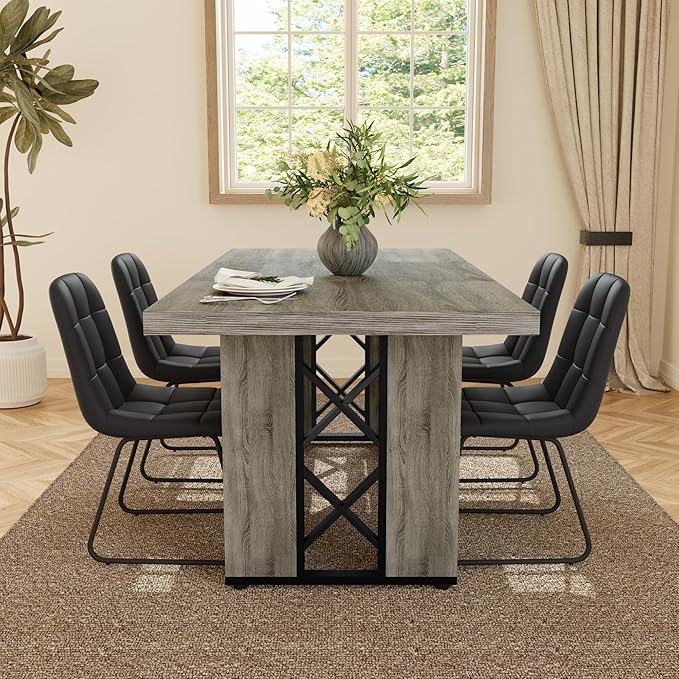 7-Piece Dining Table Set for 6 People, 70.8" MDF Kitchen Table with 6 Upholstered Chairs, Space-Saving for Dining Room, Breakfast Nook(Grey Table+6 U-Shaped Black Chairs)