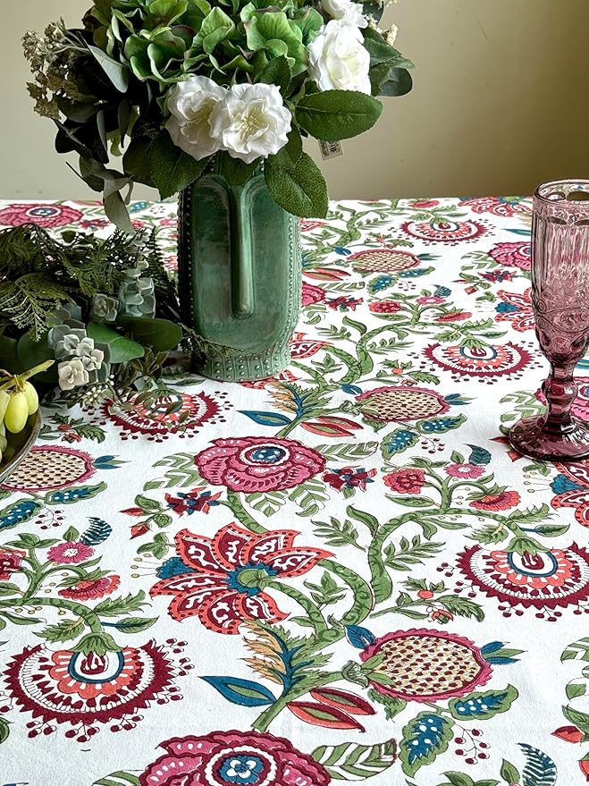 ATOSII Ruby 100% Cotton Square Summer Tablecloth, Block Print Floral Table Cloth for Dining Table, Parties, Weddings, Outdoors Grand Millenial Decor I 60 X 60 Inches I 4 Seater I